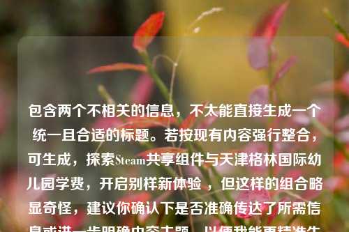包含两个不相关的信息，不太能直接生成一个统一且合适的标题。若按现有内容强行整合，可生成，探索Steam共享组件与天津格林国际幼儿园学费，开启别样新体验 ，但这样的组合略显奇怪，建议你确认下是否准确传达了所需信息或进一步明确内容主题，以便我能更精准生成标题 。你可以补充更详细的内容要求或背景信息，让标题更契合你的预期。